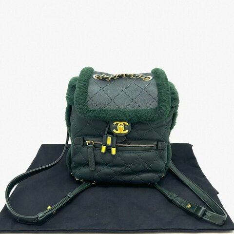 CHANEL 墨綠色金扣毛呢後背包17*20*10 98新配件塵袋