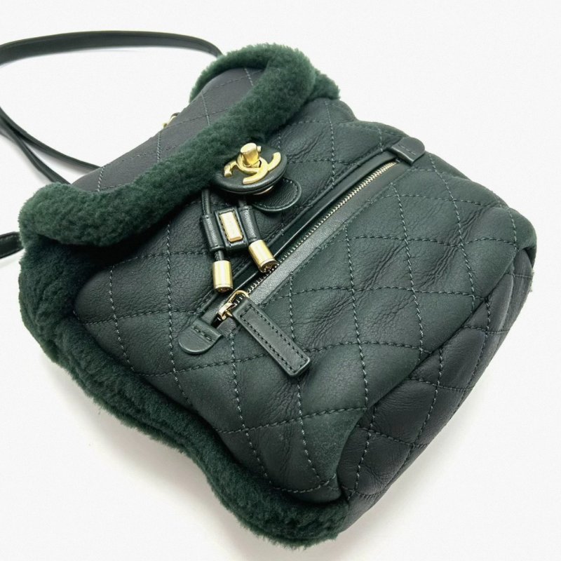 CHANEL 墨綠色金扣毛呢後背包17*20*10 98新配件塵袋-1