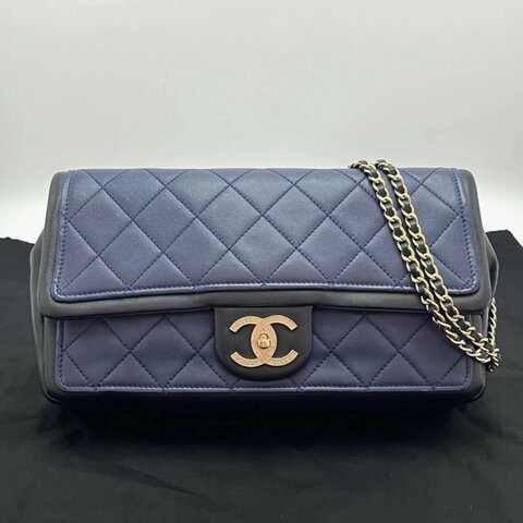 CHANEL cf季節款深藍拼色牛皮鏈條包27*15*7 98新配件盒子塵袋