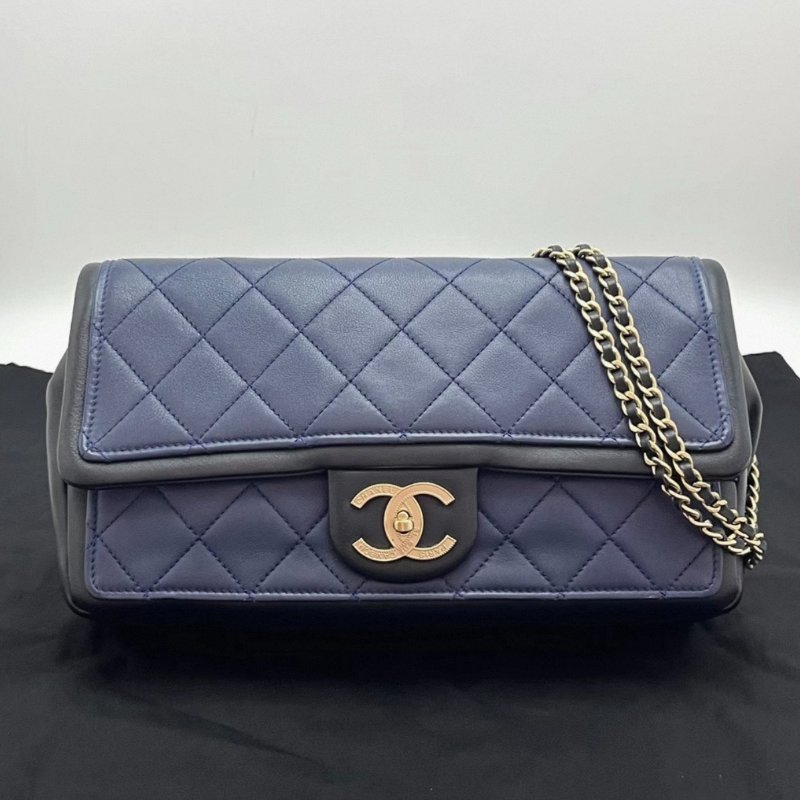 CHANEL cf季節款深藍拼色牛皮鏈條包27*15*7 98新配件盒子塵袋-0