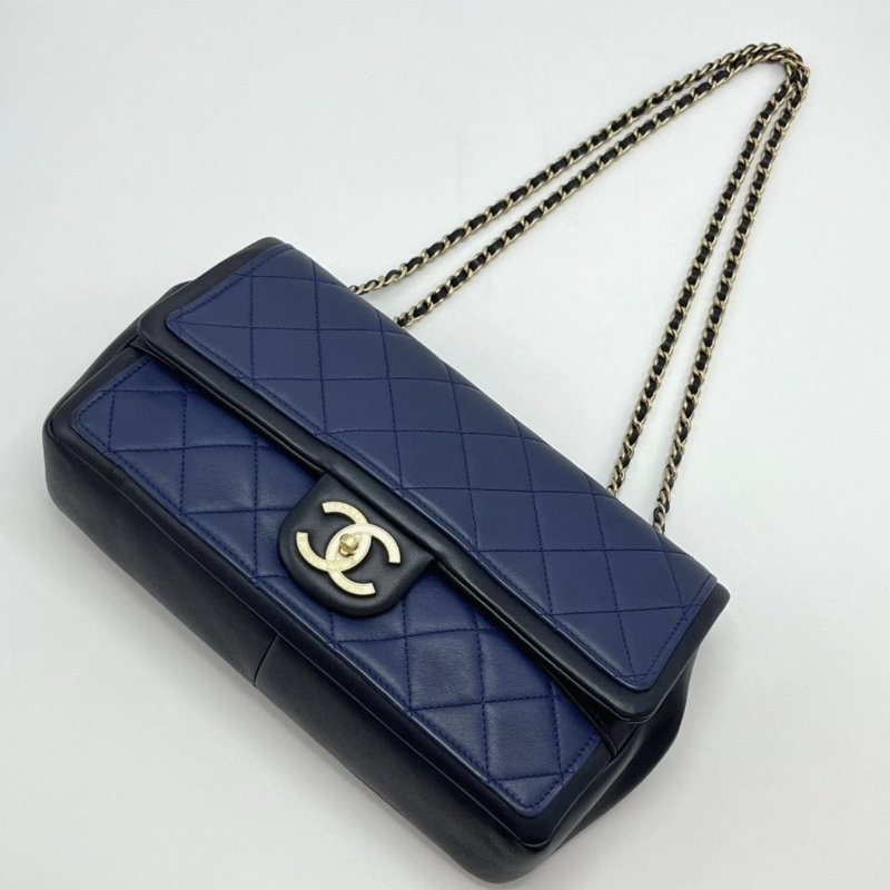 CHANEL cf季節款深藍拼色牛皮鏈條包27*15*7 98新配件盒子塵袋-1