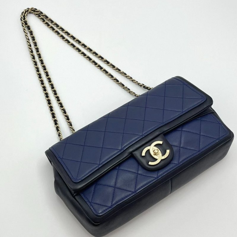 CHANEL cf季節款深藍拼色牛皮鏈條包27*15*7 98新配件盒子塵袋-2