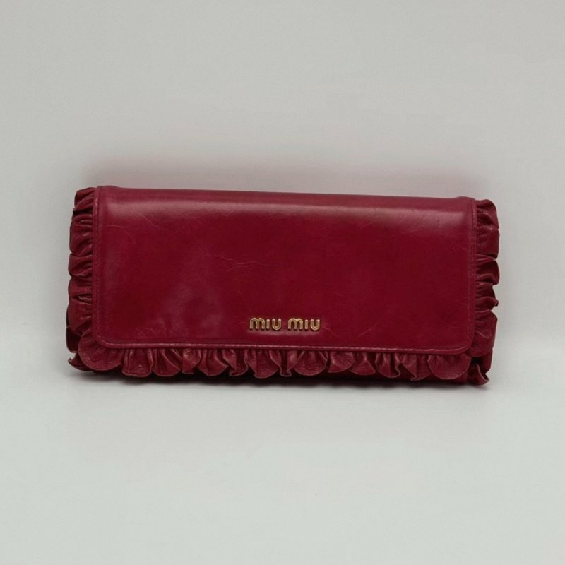 MIUMIU 玫紅色皮革花邊長款錢包 19.5*9.5*3 98新配件塵袋-0
