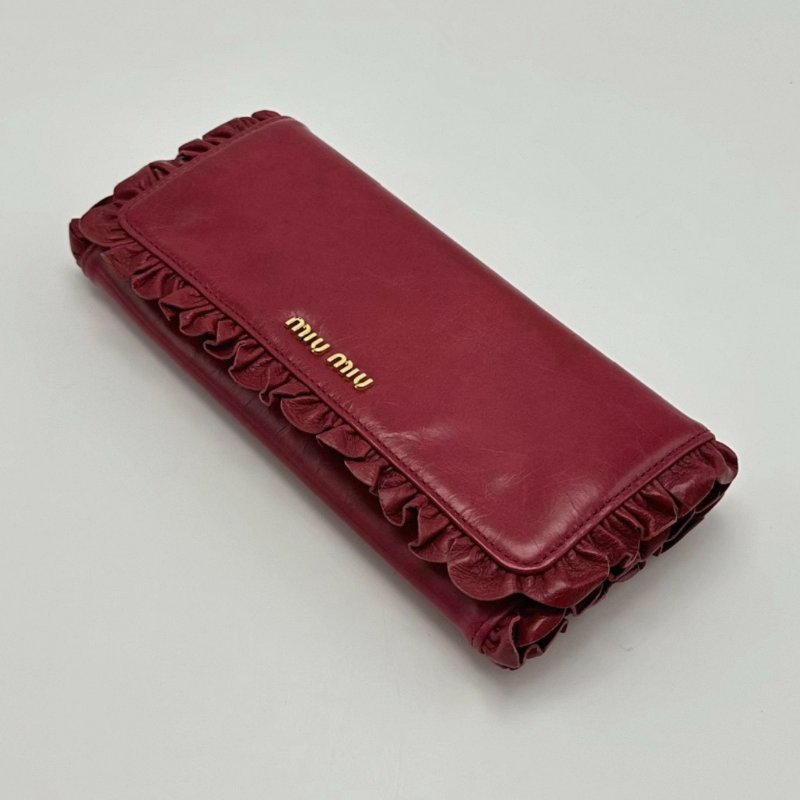 MIUMIU 玫紅色皮革花邊長款錢包 19.5*9.5*3 98新配件塵袋-1