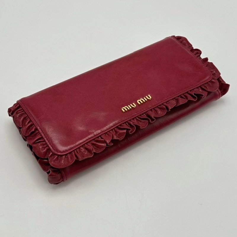 MIUMIU 玫紅色皮革花邊長款錢包 19.5*9.5*3 98新配件塵袋-2