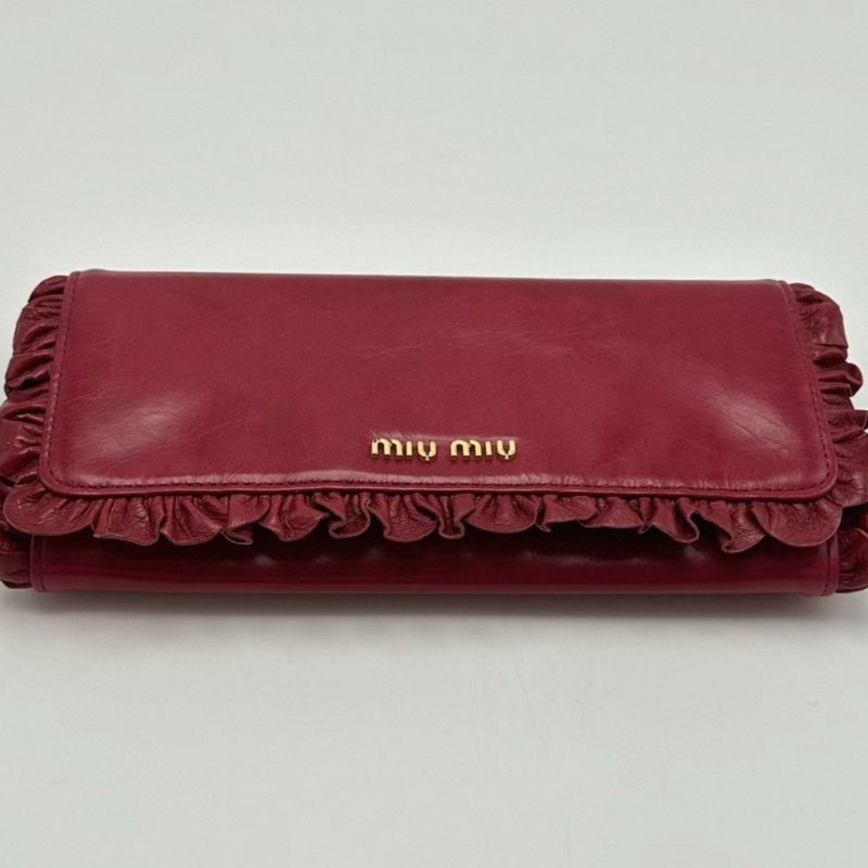 MIUMIU 玫紅色皮革花邊長款錢包 19.5*9.5*3 98新配件塵袋-3