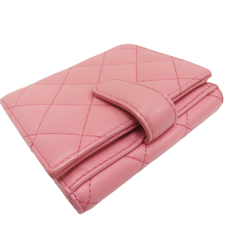 粉色 羊皮 三折短夾【CHANEL 香奈兒】-3