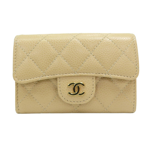杏色 菱格紋 荔枝牛皮 扣式名片夾【CHANEL 香奈兒】