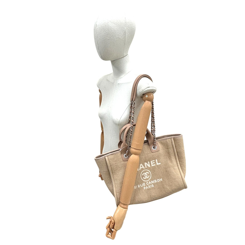 米色 帆布 Deauville MM 肩背包【CHANEL 香奈兒】 AS3257-9