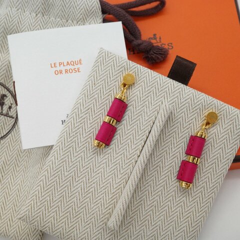 Hermès 愛馬仕 Charniere 桃紅色 牛皮 金色吊墜 耳環