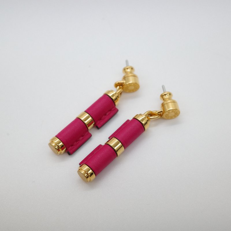 Hermès 愛馬仕 Charniere 桃紅色 牛皮 金色吊墜 耳環-1