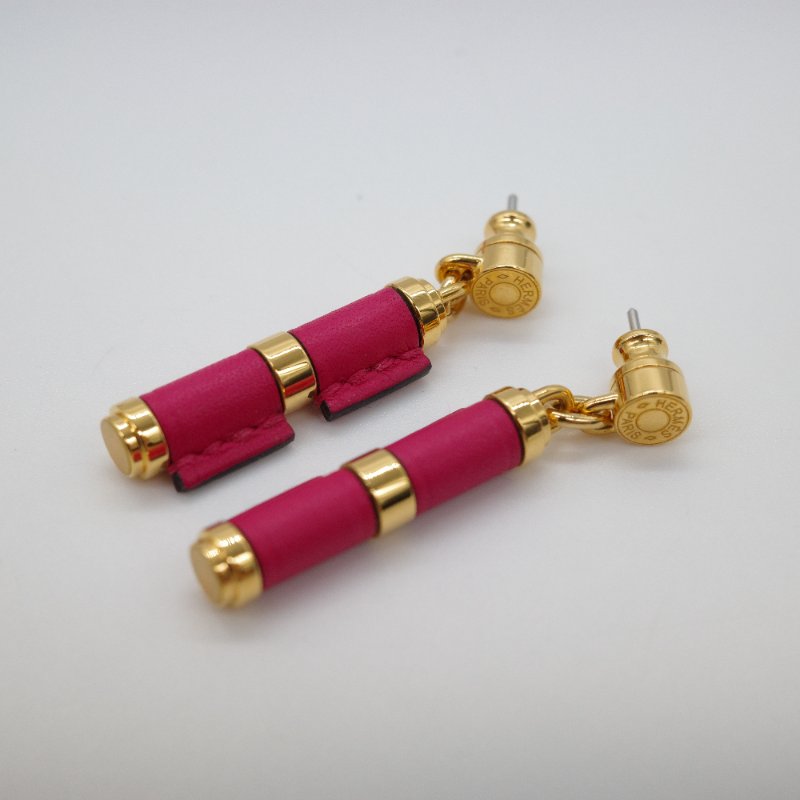 Hermès 愛馬仕 Charniere 桃紅色 牛皮 金色吊墜 耳環-2