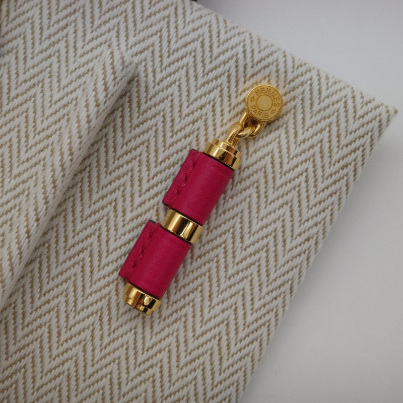 Hermès 愛馬仕 Charniere 桃紅色 牛皮 金色吊墜 耳環-4