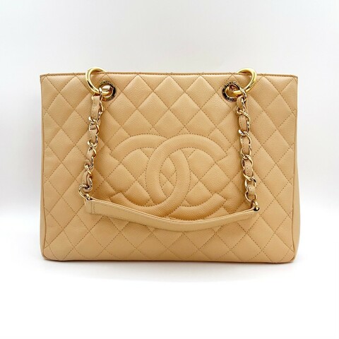 Chanel GST中號 米色金扣荔枝紋 肩背包