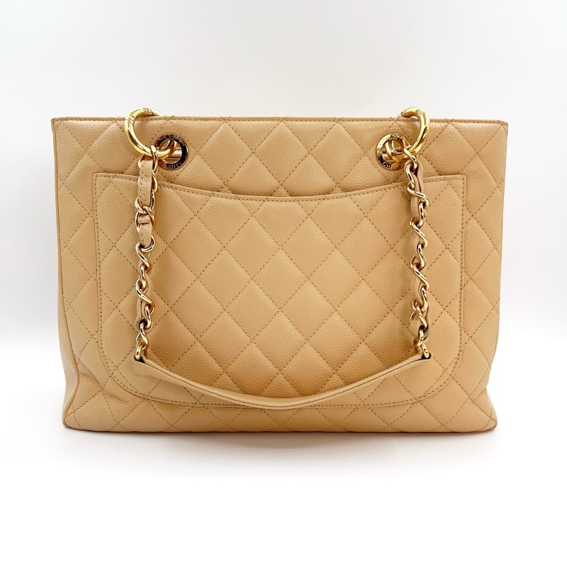 Chanel GST中號 米色金扣荔枝紋 肩背包-1