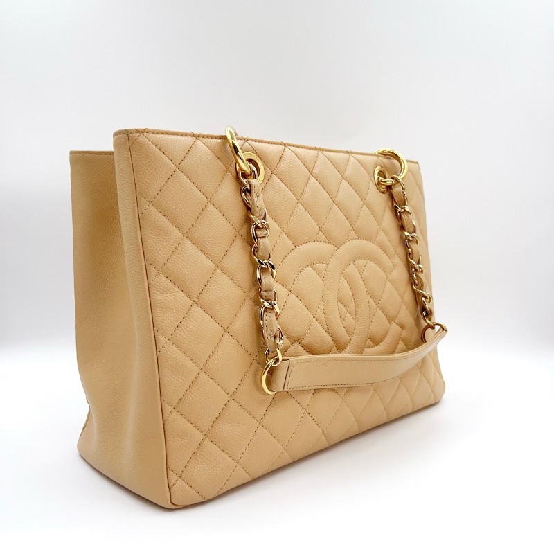 Chanel GST中號 米色金扣荔枝紋 肩背包-3