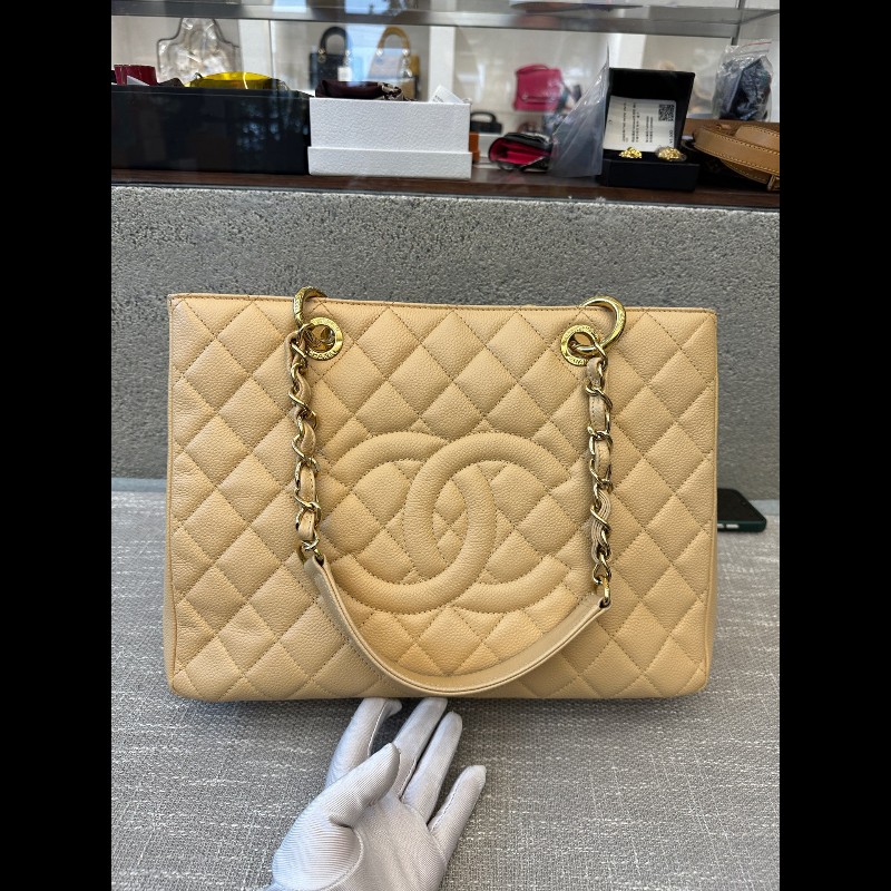 Chanel GST中號 米色金扣荔枝紋 肩背包-6