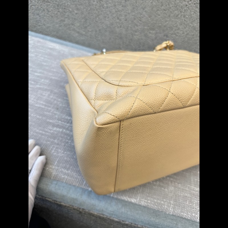 Chanel GST中號 米色金扣荔枝紋 肩背包-13