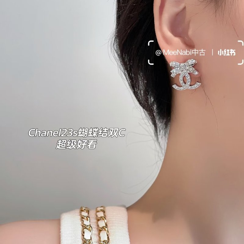 CHANEL 23S蝴蝶結雙C水鑽耳環-1