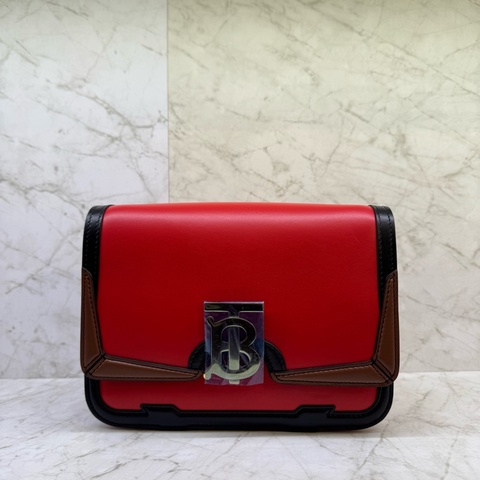 BURBERRY 三色拼紅咖黑全皮斜背包