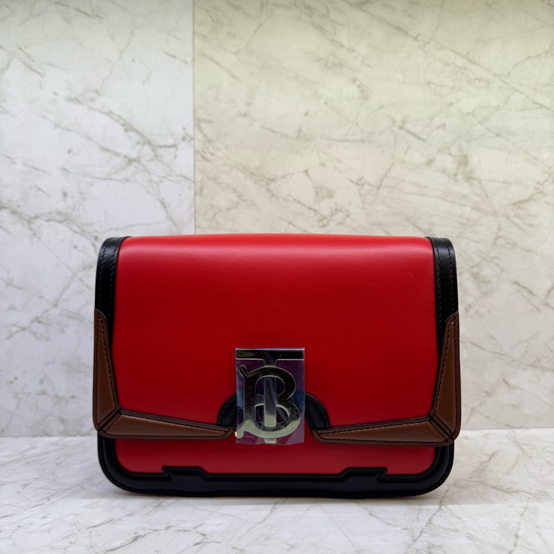 BURBERRY 三色拼紅咖黑全皮斜背包-0