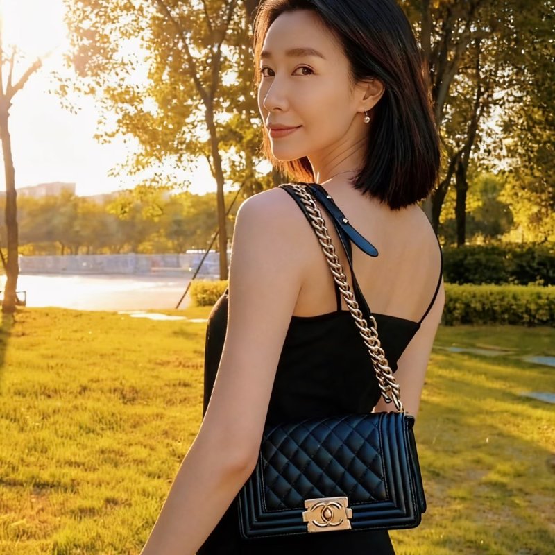 CHANEL Boy20 粒面牛皮口蓋包 - 黑金-9