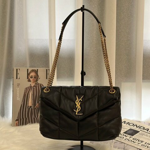 YSL Puffer小羊皮單肩包 - 小號黑金