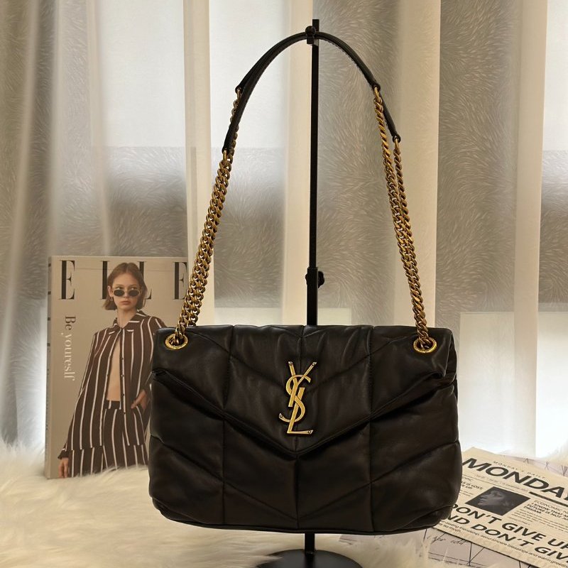 YSL Puffer小羊皮單肩包 - 小號黑金-0