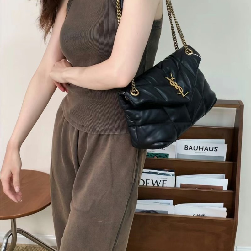 YSL Puffer小羊皮單肩包 - 小號黑金-1