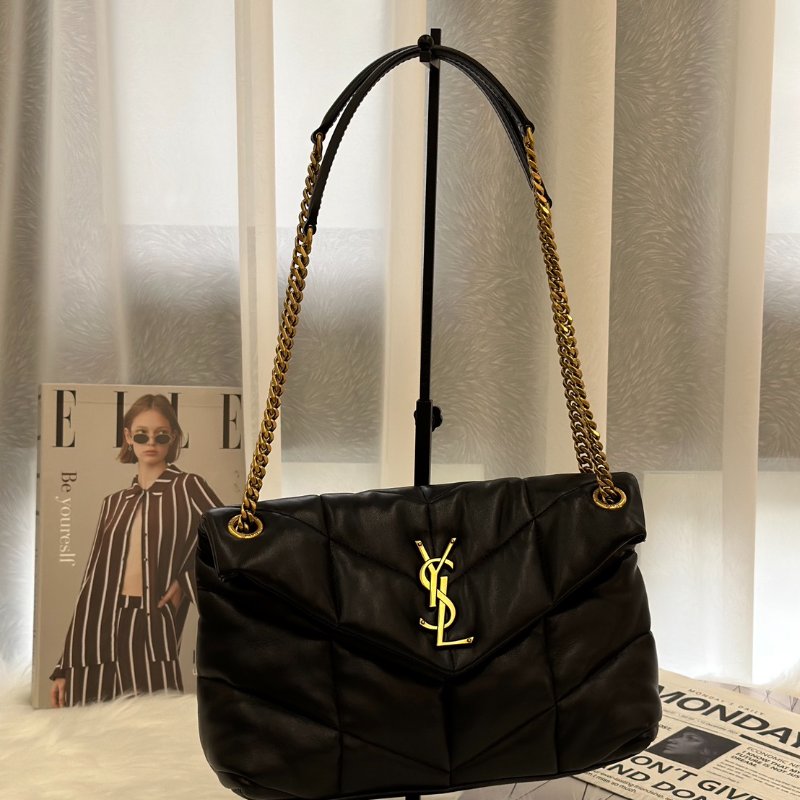 YSL Puffer小羊皮單肩包 - 小號黑金-2