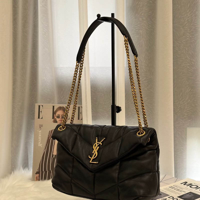 YSL Puffer小羊皮單肩包 - 小號黑金-3