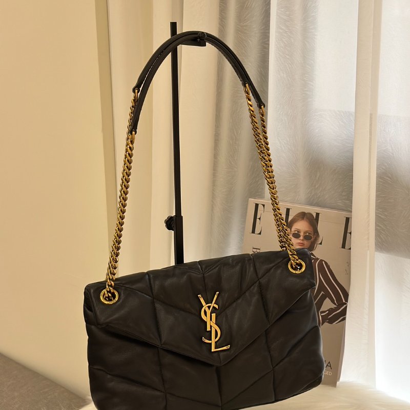 YSL Puffer小羊皮單肩包 - 小號黑金-7