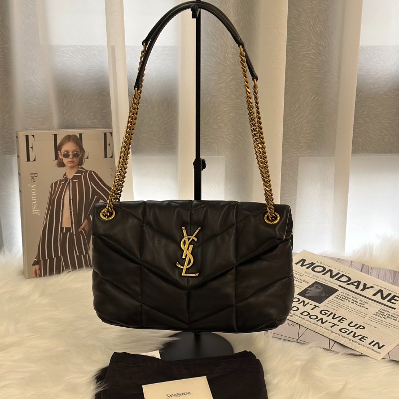 YSL Puffer小羊皮單肩包 - 小號黑金-8