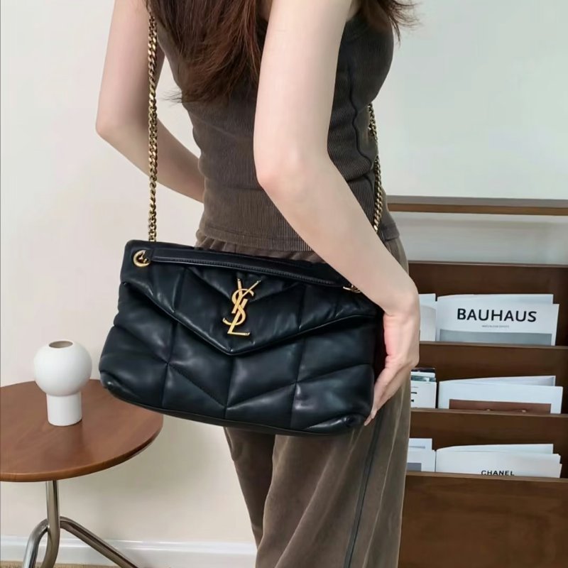 YSL Puffer小羊皮單肩包 - 小號黑金-9