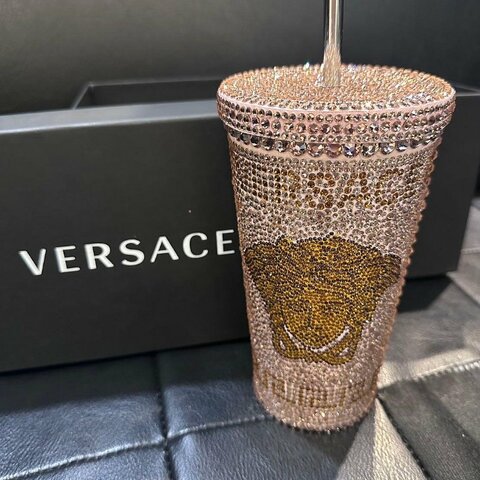 💎Han's house精品服飾💎VERSACE 凡賽斯 女神頭 頂級黑牌 水鑽 保溫 杯 粉 現貨 原價 38000