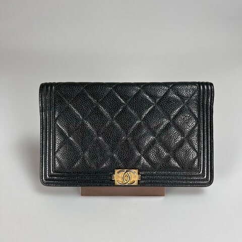 CHANEL BOY 黑拚綠對開長夾 22開