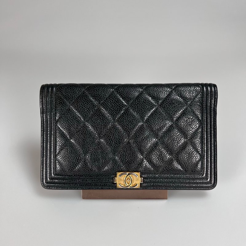 CHANEL BOY 黑拚綠對開長夾 22開-0