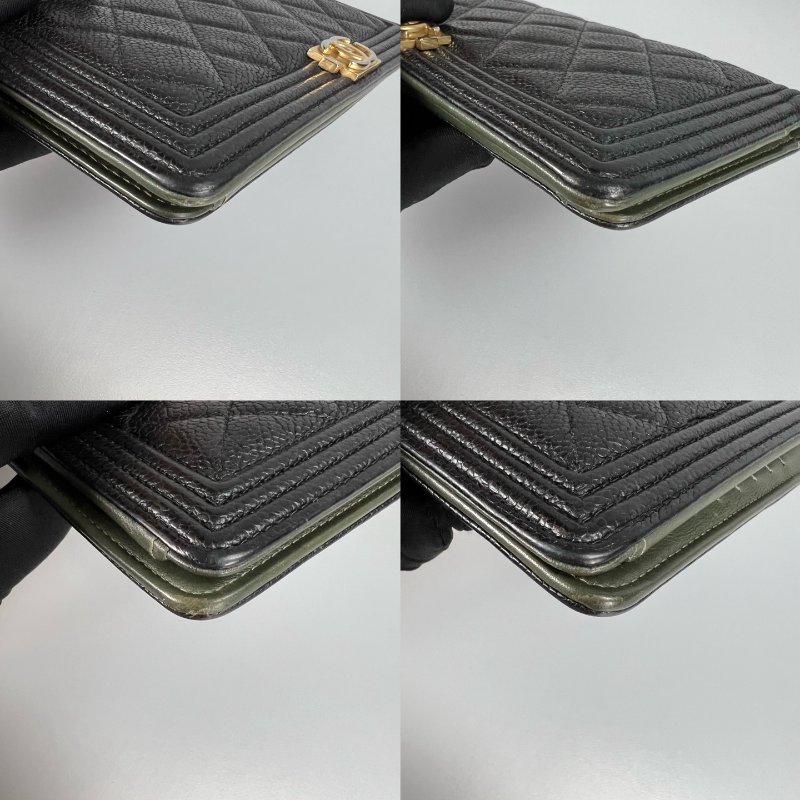 CHANEL BOY 黑拚綠對開長夾 22開-7
