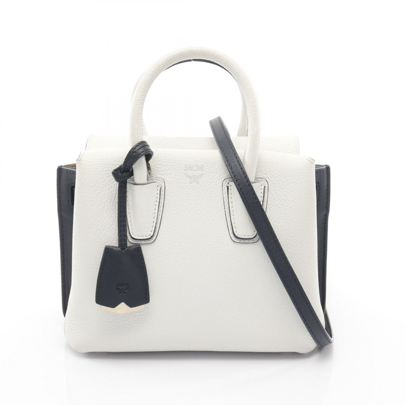 MCM MILLA 斜背單肩手提包，白色/海軍藍皮革，二手女款-0