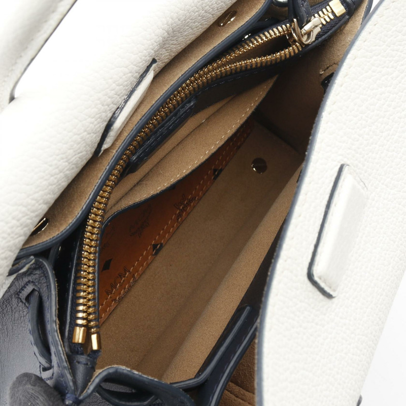 MCM MILLA 斜背單肩手提包，白色/海軍藍皮革，二手女款-2