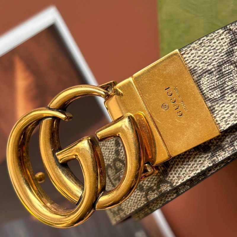 ::GUCCI:: GG Marmont 復古金色雙G金屬 LOGO塗層帆布皮革雙面扣式皮帶 (烏木x咖啡)-1