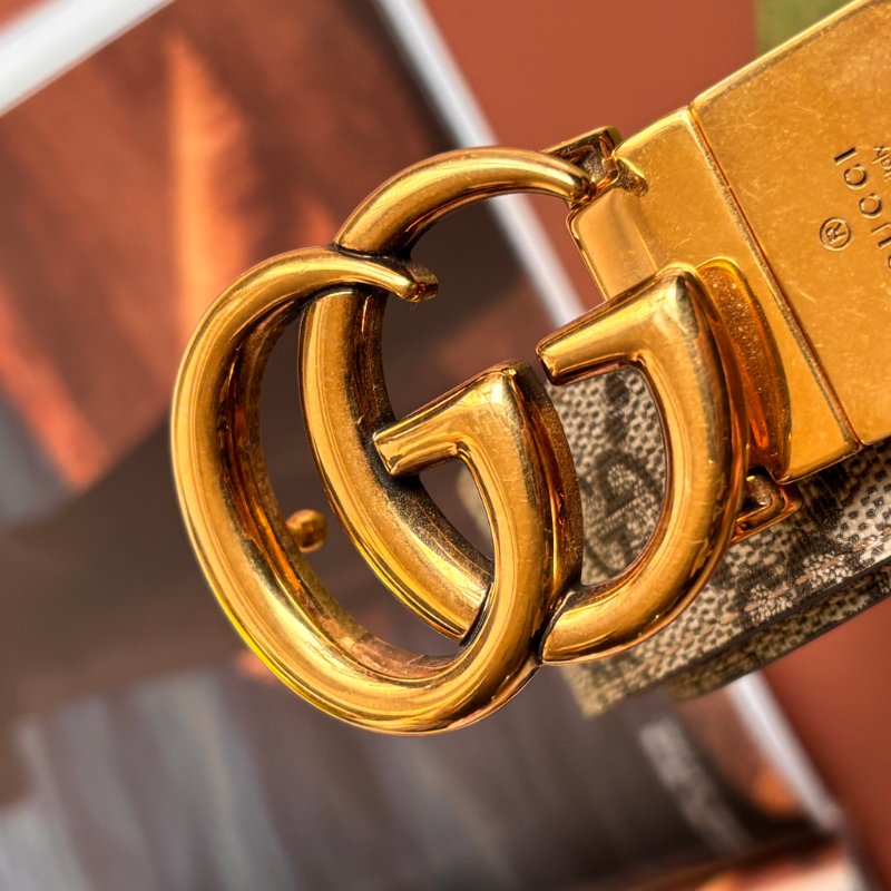 ::GUCCI:: GG Marmont 復古金色雙G金屬 LOGO塗層帆布皮革雙面扣式皮帶 (烏木x咖啡)-2