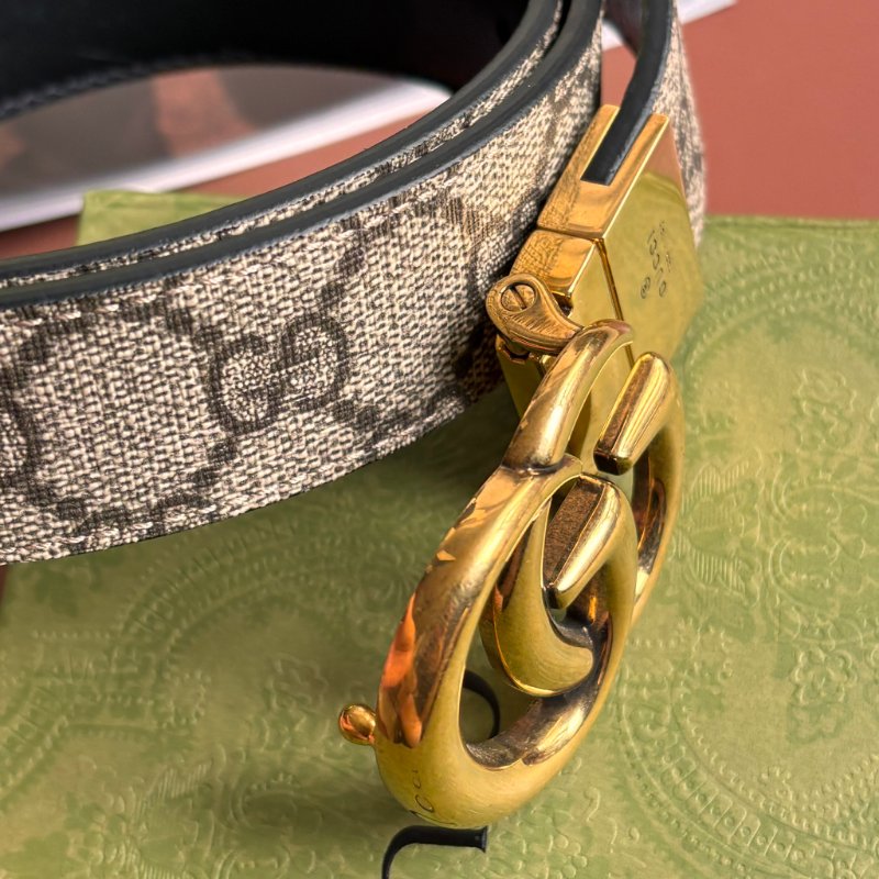 ::GUCCI:: GG Marmont 復古金色雙G金屬 LOGO塗層帆布皮革雙面扣式皮帶 (烏木x咖啡)-3