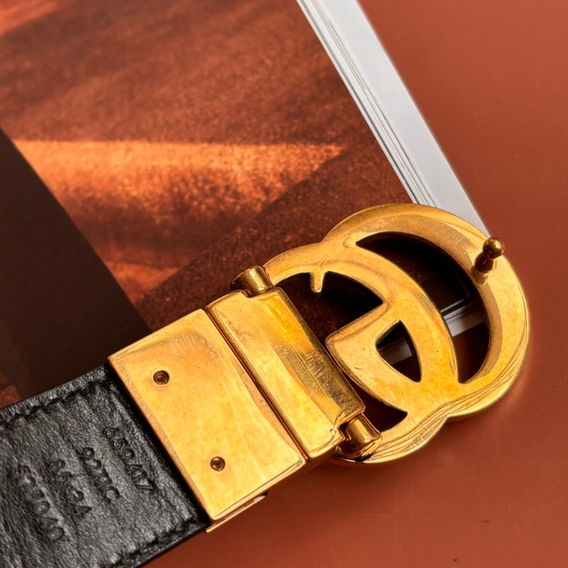 ::GUCCI:: GG Marmont 復古金色雙G金屬 LOGO塗層帆布皮革雙面扣式皮帶 (烏木x咖啡)-4