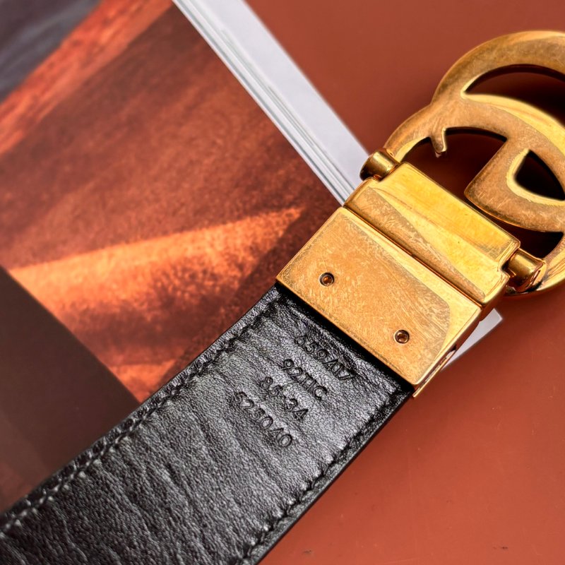 ::GUCCI:: GG Marmont 復古金色雙G金屬 LOGO塗層帆布皮革雙面扣式皮帶 (烏木x咖啡)-5