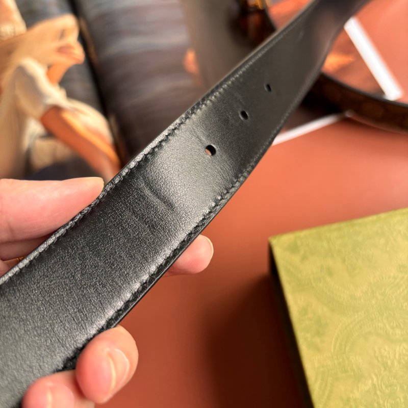 ::GUCCI:: GG Marmont 復古金色雙G金屬 LOGO塗層帆布皮革雙面扣式皮帶 (烏木x咖啡)-24