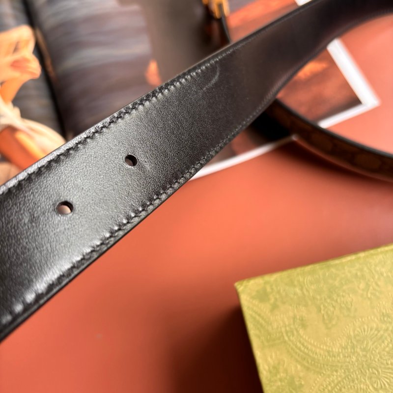 ::GUCCI:: GG Marmont 復古金色雙G金屬 LOGO塗層帆布皮革雙面扣式皮帶 (烏木x咖啡)-25