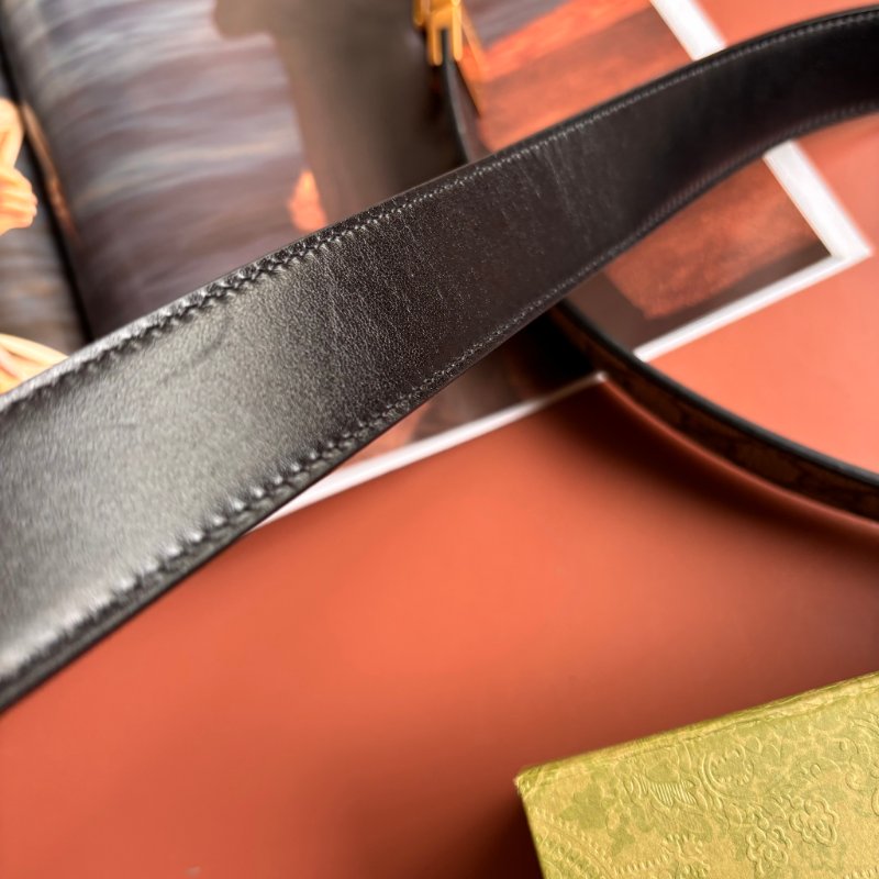 ::GUCCI:: GG Marmont 復古金色雙G金屬 LOGO塗層帆布皮革雙面扣式皮帶 (烏木x咖啡)-26