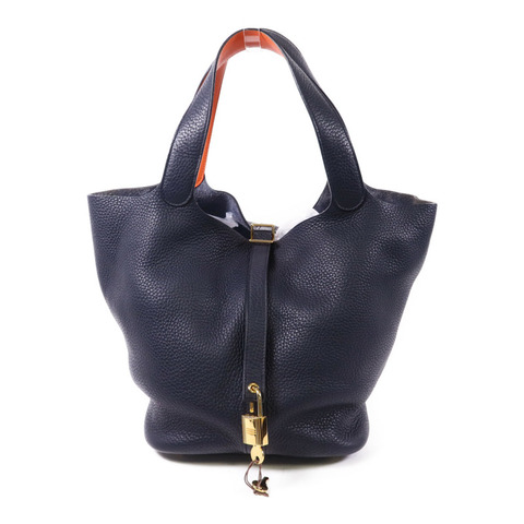HERMES Clemence皮革Picotin GM金扣手挽袋Bleu Indigo/Orange