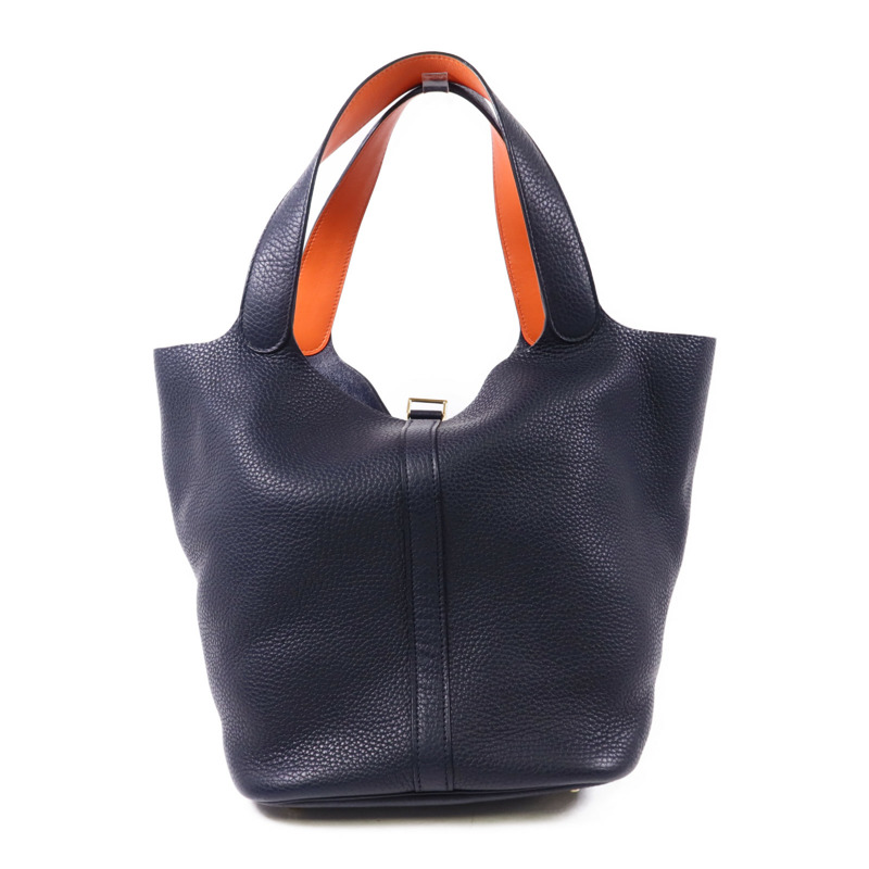 HERMES Clemence皮革Picotin GM金扣手挽袋Bleu Indigo/Orange-1